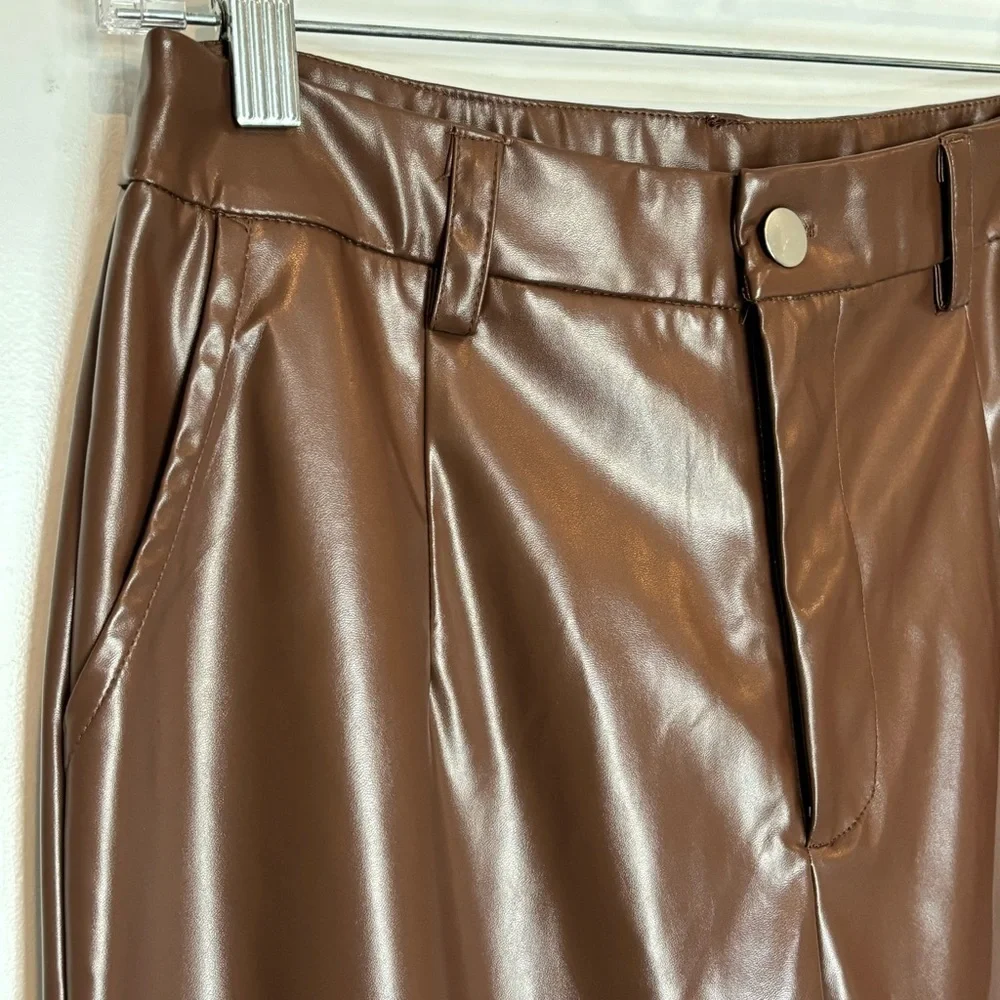 NWT Princess Polly Lillie Faux Leather High Waist Straight Leg Pants Brown Tan 6 - Picture 3 of 9